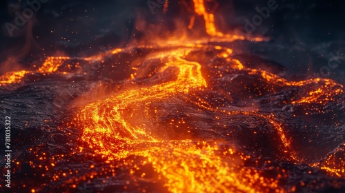 Molten Lava Streaming through a Rugged Terrain 
