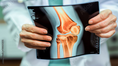 A healthcare professional examines an X-ray of a human knee joint, implying medical analysis and diagnosis.