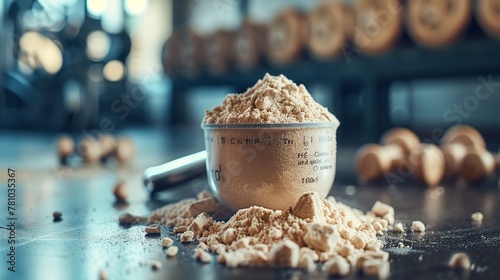 Close shot of a measurement cup filled with whey protein powder with a clean backdrop for text or product advertisement photo