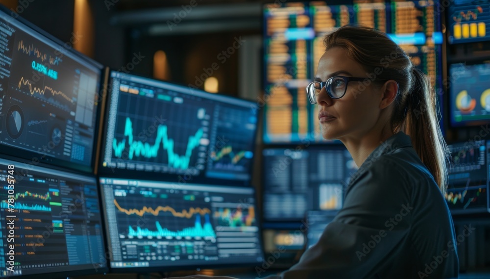 Concentrated Female Trader Analyzing Financial Charts. Concentrated Female Trader Analyzing Financial Charts.