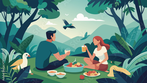 A young couple trekking through a remote rainforest stopping at a small clearing to enjoy a homemade meal of pasta salad and cold drinks the