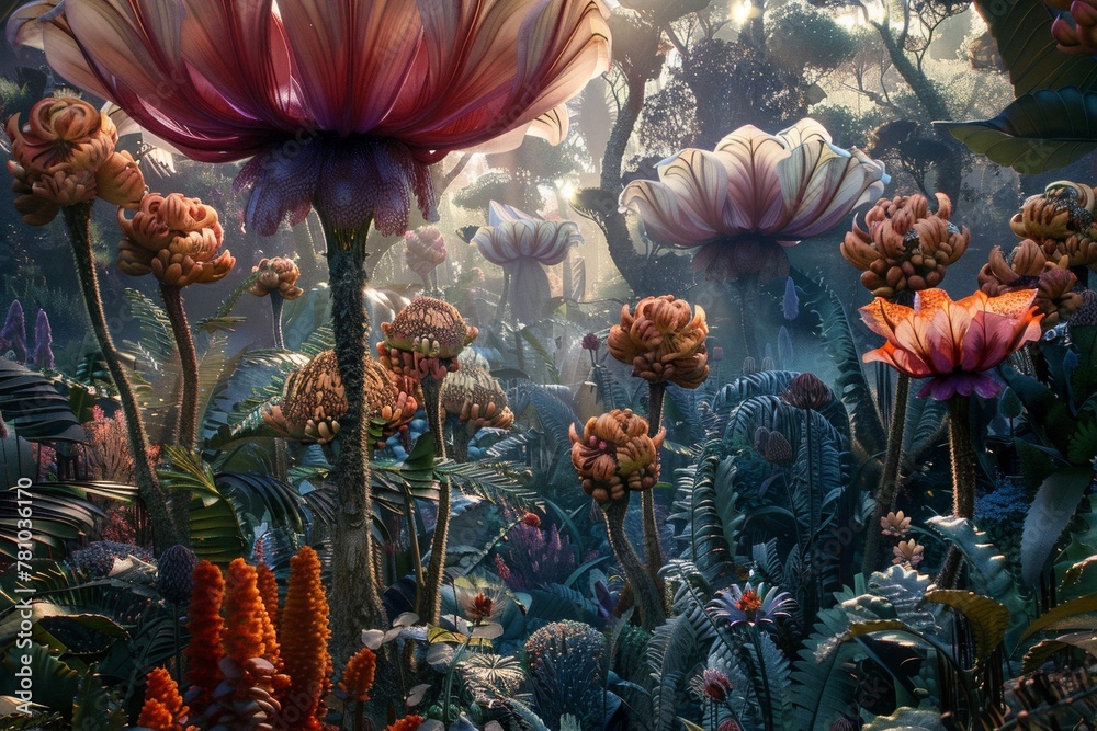 A surreal garden filled with giant flowers and towering trees Where ...
