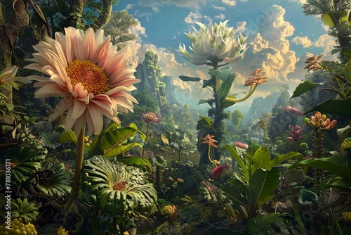 A surreal garden filled with giant flowers and towering trees Where magical plants thrive in strange landscapes.