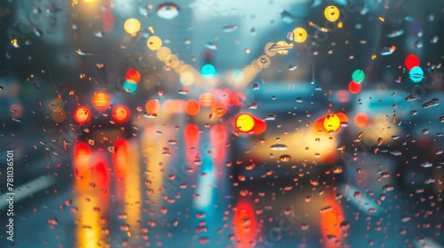 Car driving through rain-splattered windshield photo