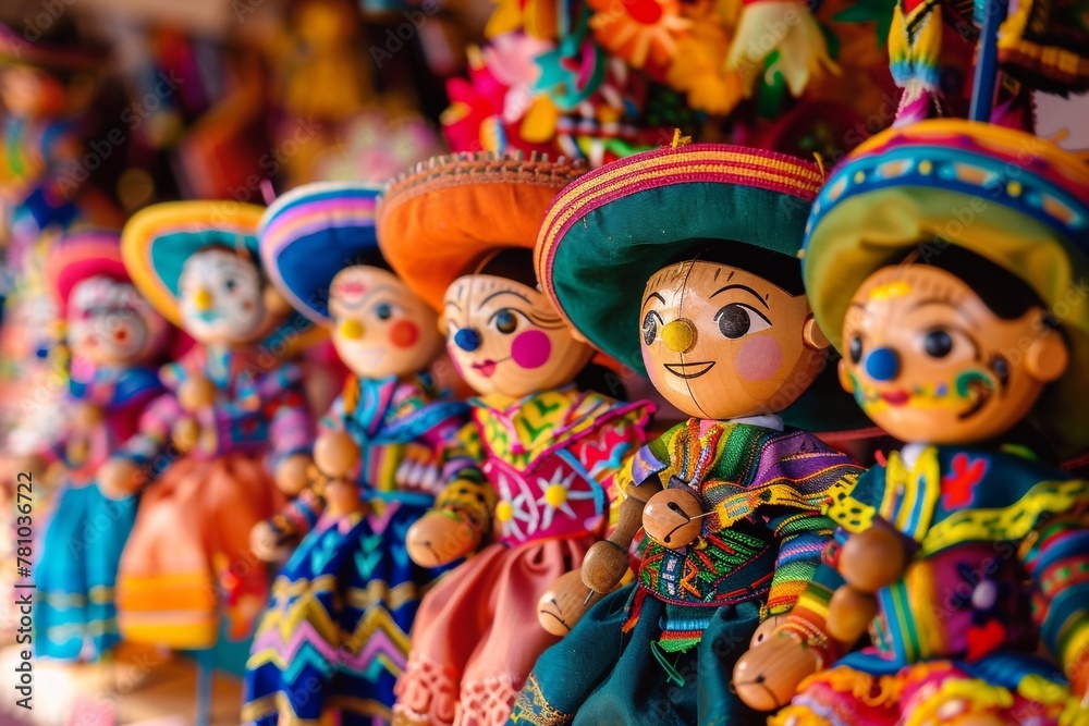 Vibrant and colorful traditional Mexican marionettes displayed for sale at a local market in a traditional style