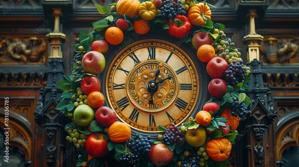 A clock tower where each hour is marked by a different food item instead of chimes