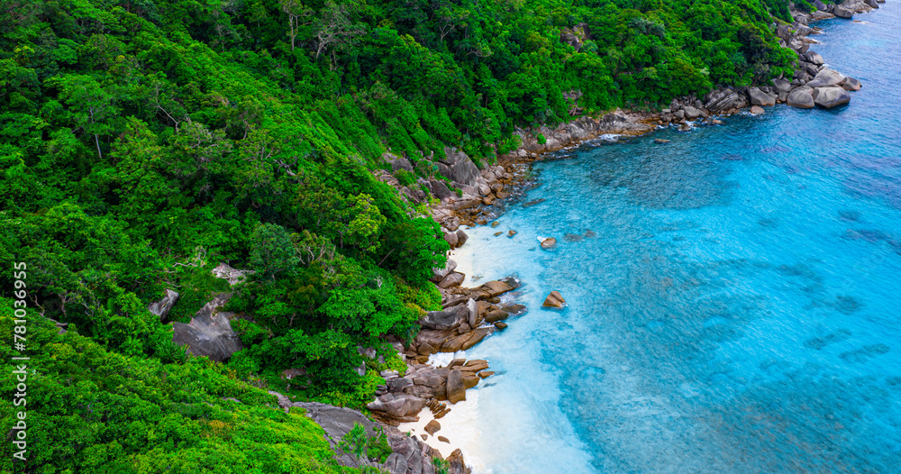 Aerial view of the Similan Islands, Andaman Sea, natural blue waters, tropical sea of Thailand. the beautiful scenery of the island is impressive	