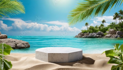 Beach podium background product summer sand display stand sea cosmetic. Product summer backg