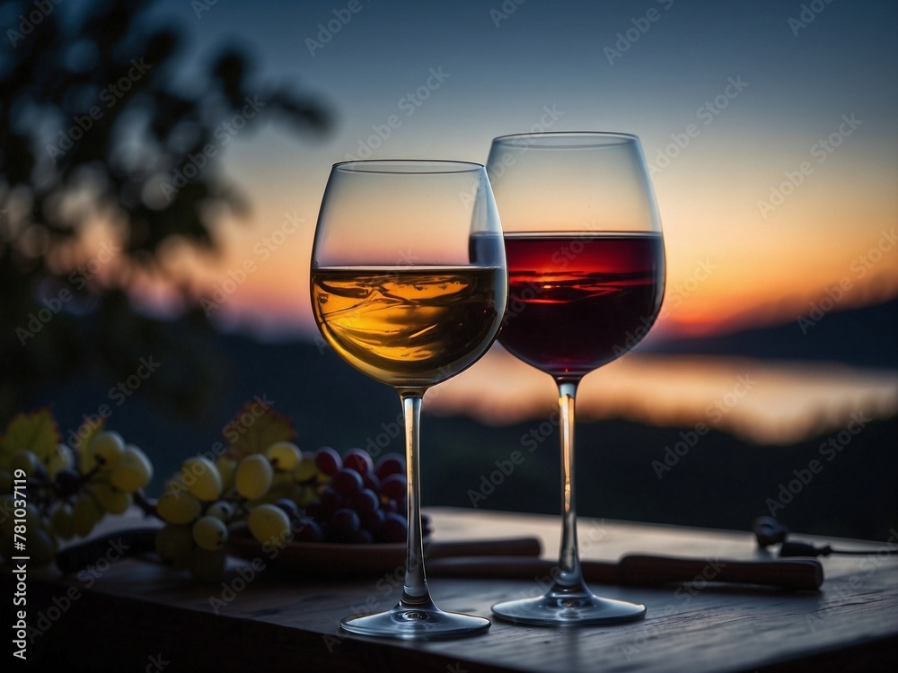 Two glasses of red wine on the table in the beautiful romantic setting Love couple concept