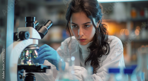 Young Female Researcher Concentrating Microscopic Analysis Biology Science Discovery