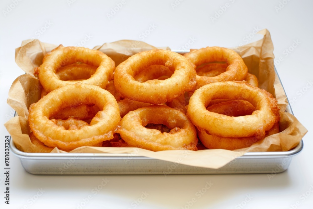 Onion rings piled on a rectangular metal tray with brown craft paper isolated on white background.