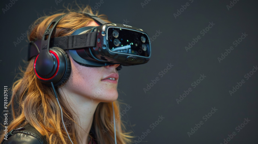 A woman wearing a virtual reality headset is looking at a screen