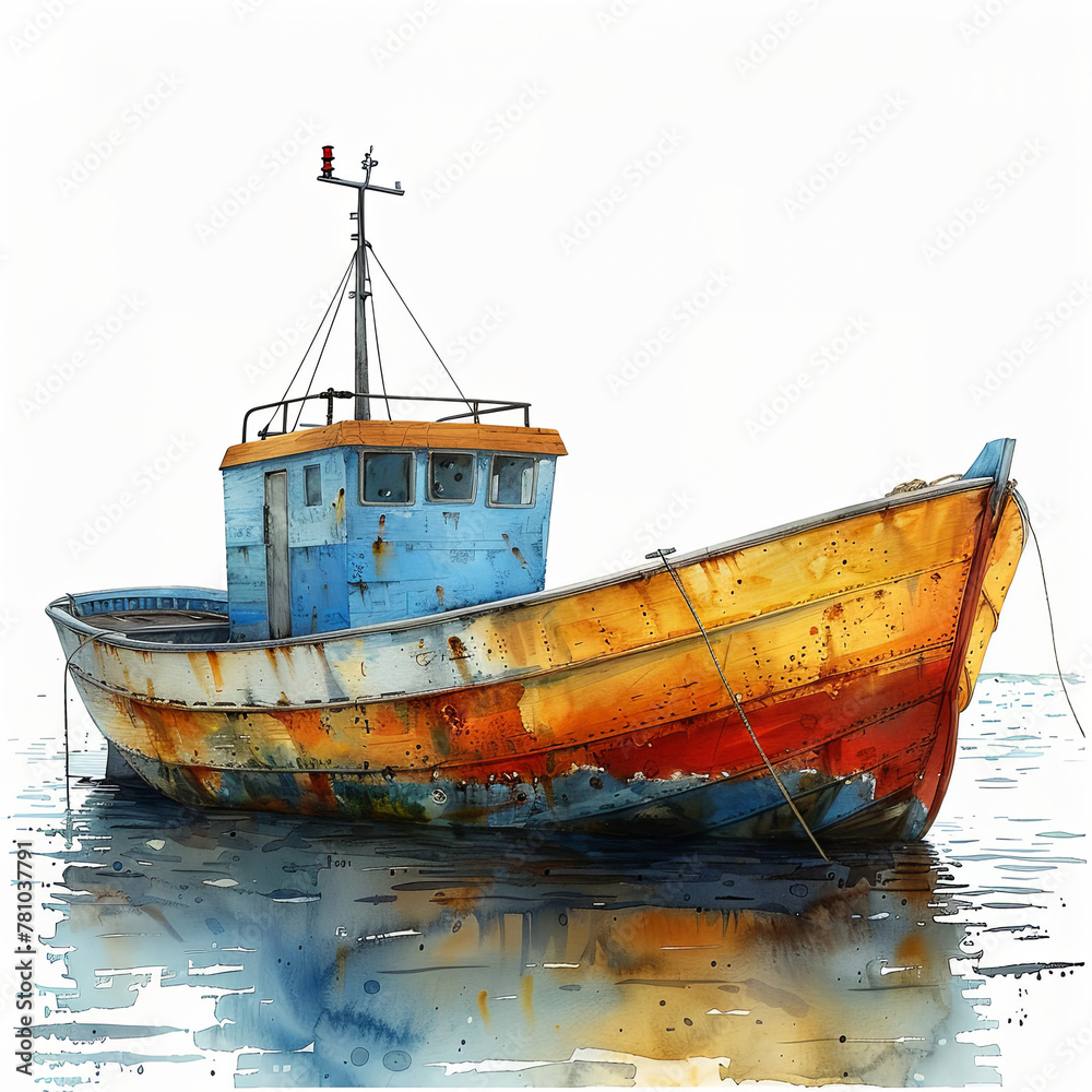 A boat is sitting in the water with a blue and orange color