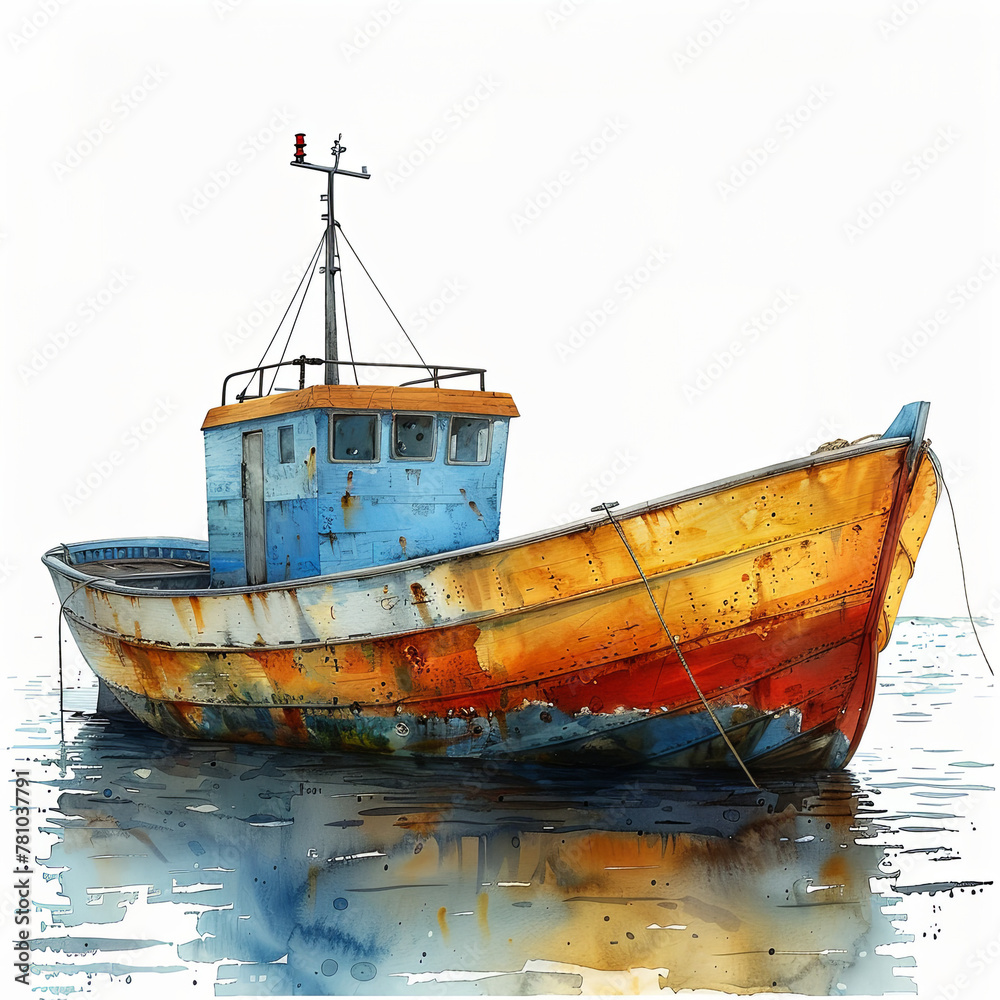 A boat is sitting in the water with a blue and orange color A boat is sitting in the water with a blue and orange color