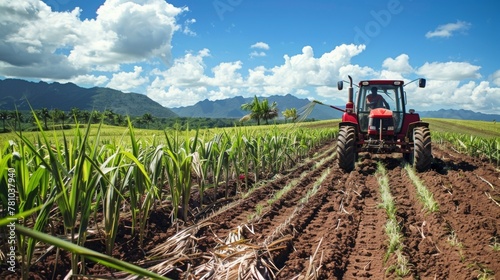 A farmer tending to a field of sugarcane using a tractor to plow the earth and ensuring the growth of healthy robust crops. .