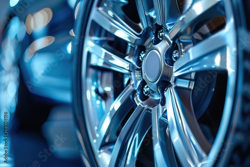 Close-up of a shiny alloy wheel on a modern car with blue light reflections. photo
