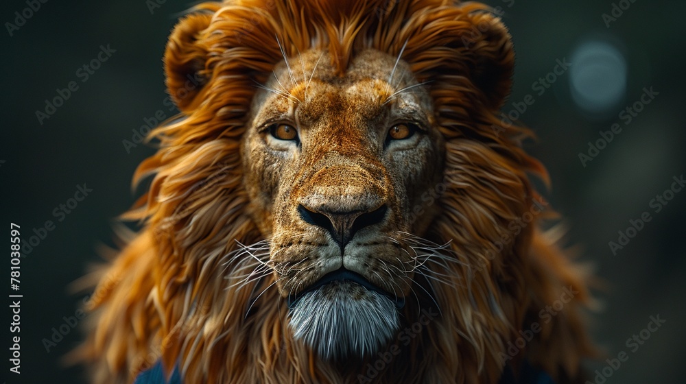 A majestic lion in a sharply tailored suit, the mane styled to perfection, exuding power and grace  3D Render