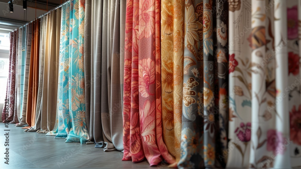 Many curtains hanging at the rack in a showroom. curtains are lightweight, modern designs. Generative AI.