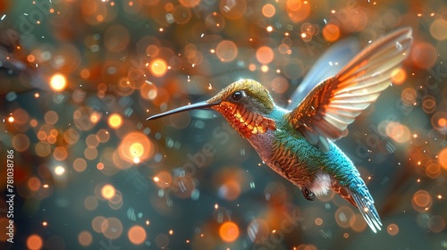 A whimsical hummingbird in a jeweltoned, sequined mini dress, wings fluttering in a blur of color  3D Illustration © Parinwat Studio