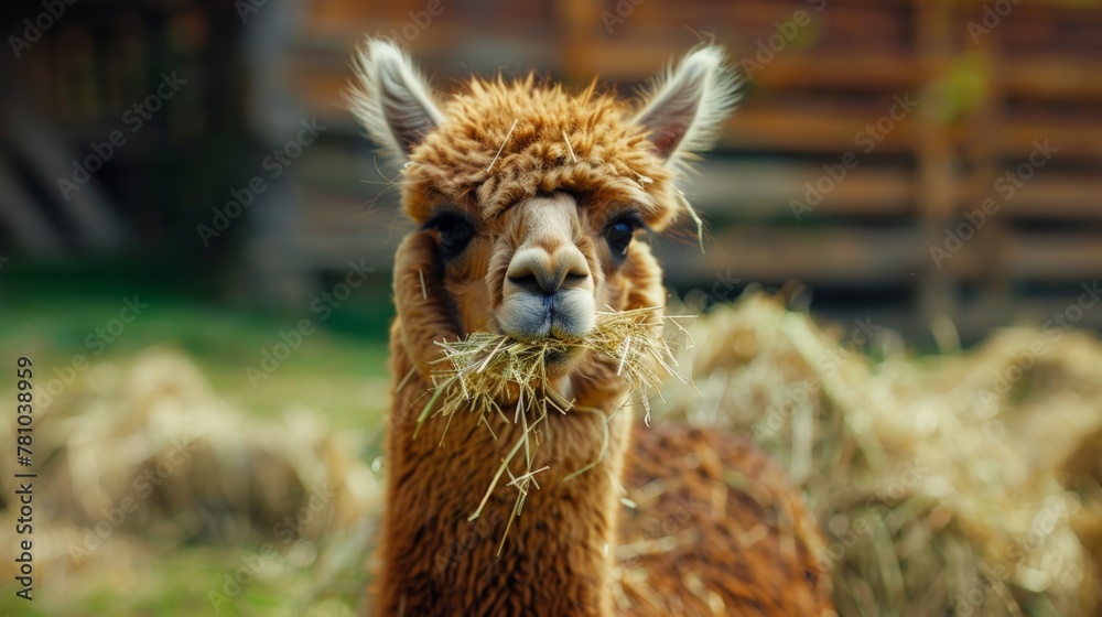 Fototapeta premium A llama grazing on grass in the field