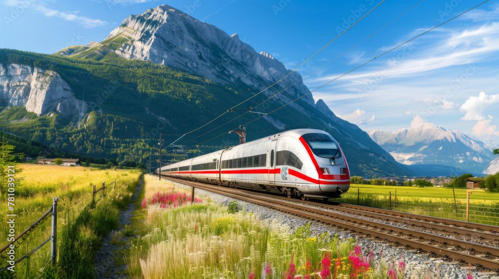 A train is traveling down a track next to a mountain range