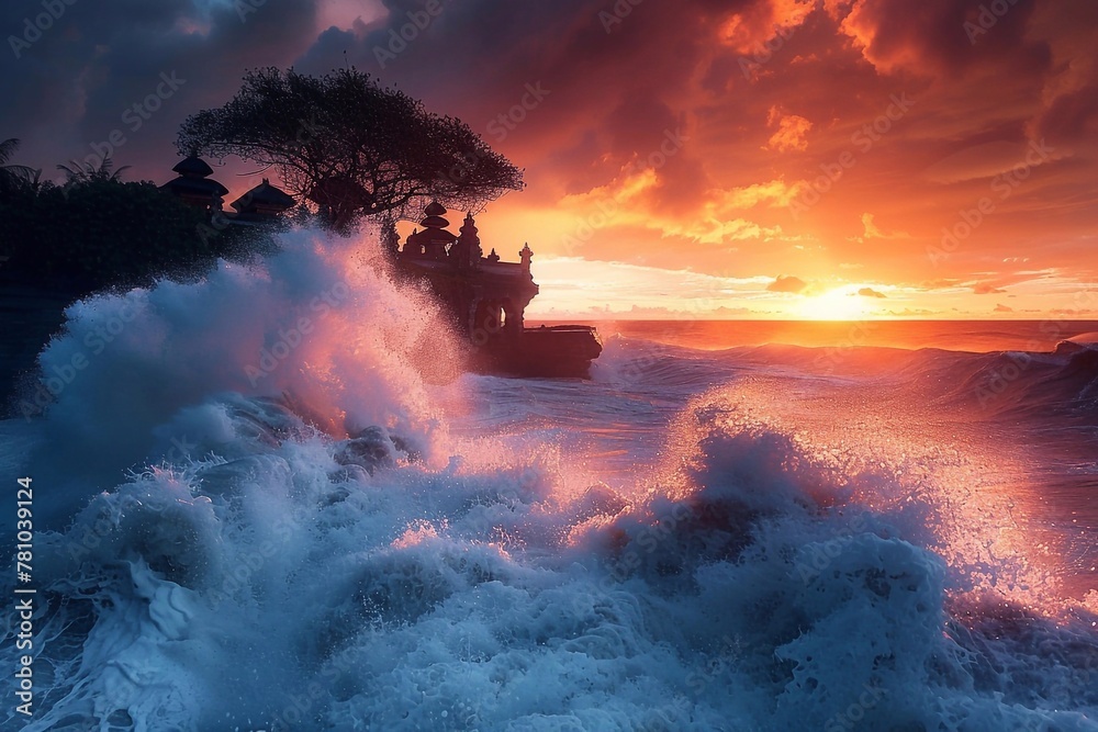 The cult temple of Tanakh Lot is located on a rocky ledge in the middle of waves crashing on the shore.  Bright sunsets color the sky in orange and pink tones. - obrazy, fototapety, plakaty 