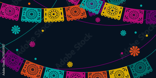Hispanic heritage month background. Vector web banner, poster, card for social media, networks. Greeting national Hispanic heritage month, garlands of flags pattern on blue background.