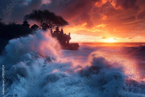 The cult temple of Tanakh Lot is located on a rocky ledge in the middle of waves crashing on the shore.  Bright sunsets color the sky in orange and pink tones. photo