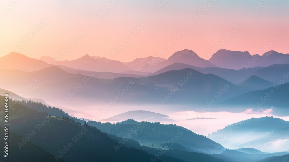 The mountains are covered in a light blue mist, creating a serene The mountains are covered in a light blue mist, creating a serene