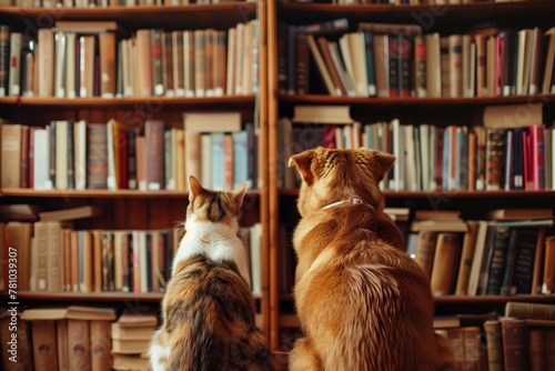 Adorable Dog and Cat Sitting Together in Front of a Huge Bookshelf Full of Books, Symbolizing Harmony and Intellectual Curiosity