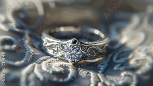 A close-up of a customized engagement ring with a special engraving or design. 