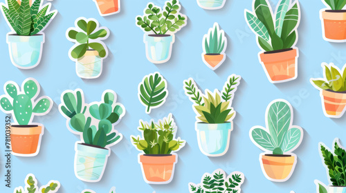 Sticker vector illustration of a cute houseplant pattern with various plants in pots on a light blue background