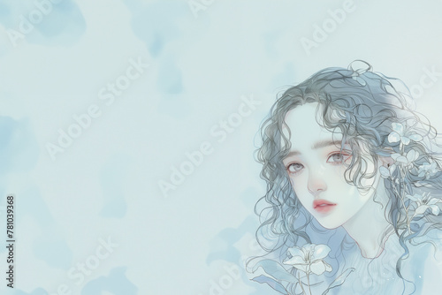 jeune fille éthérée aux cheveux longs et ondulés attachés avec des fleurs, aux yeux bleus portant une robe blanche romantique, de face, sur un fond bleu très clair avec espace négatif copy space