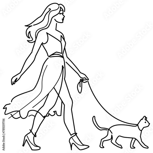 一筆書き-猫を連れて歩く人