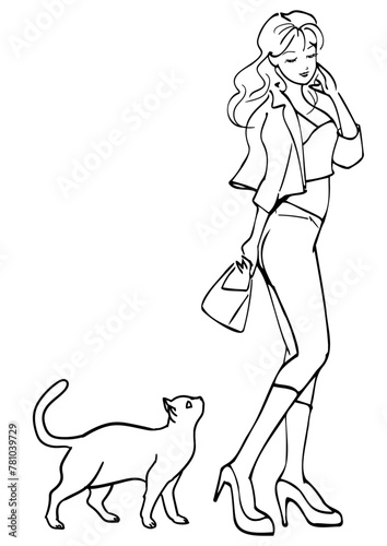 一筆書き-猫と歩く女性