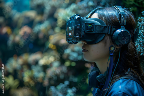 A woman wearing a virtual reality headset is looking at a coral reef