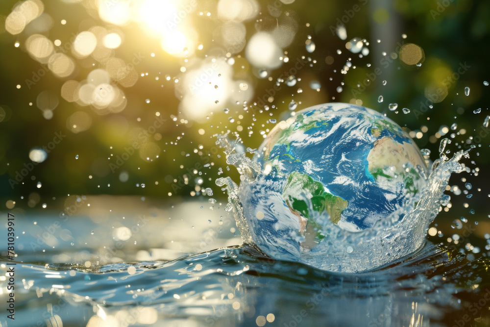 World Water Day concept, Earth planet under splashing liquid in the river with reflection on nature background World Water Day concept, Earth planet under splashing liquid in the river with reflection on nature background