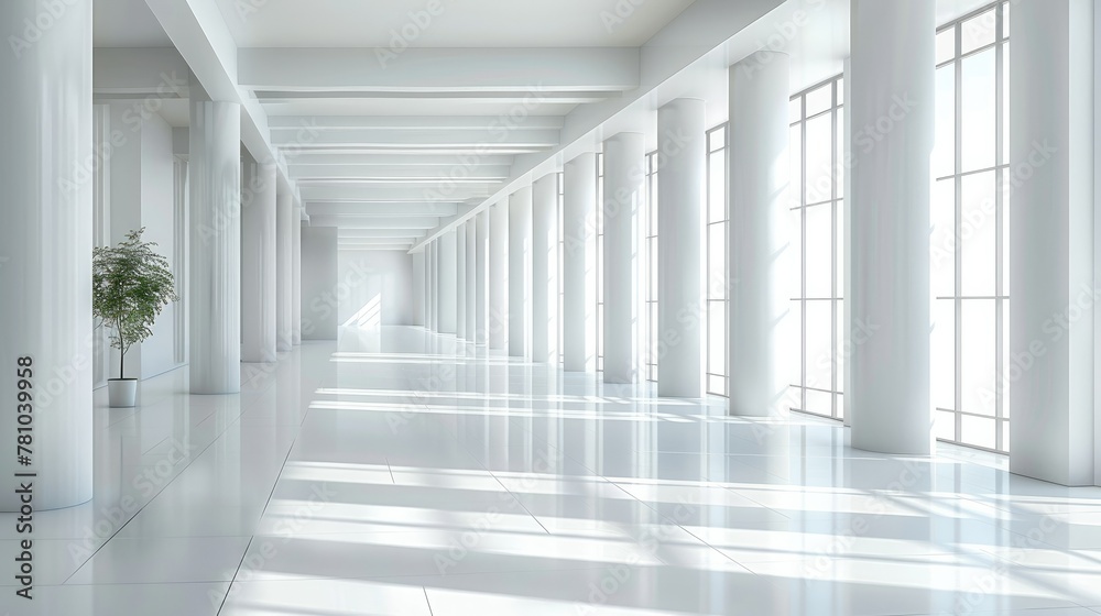 Interior Space. Empty White Room Background with a White Floor. 3D Render. Generative AI.