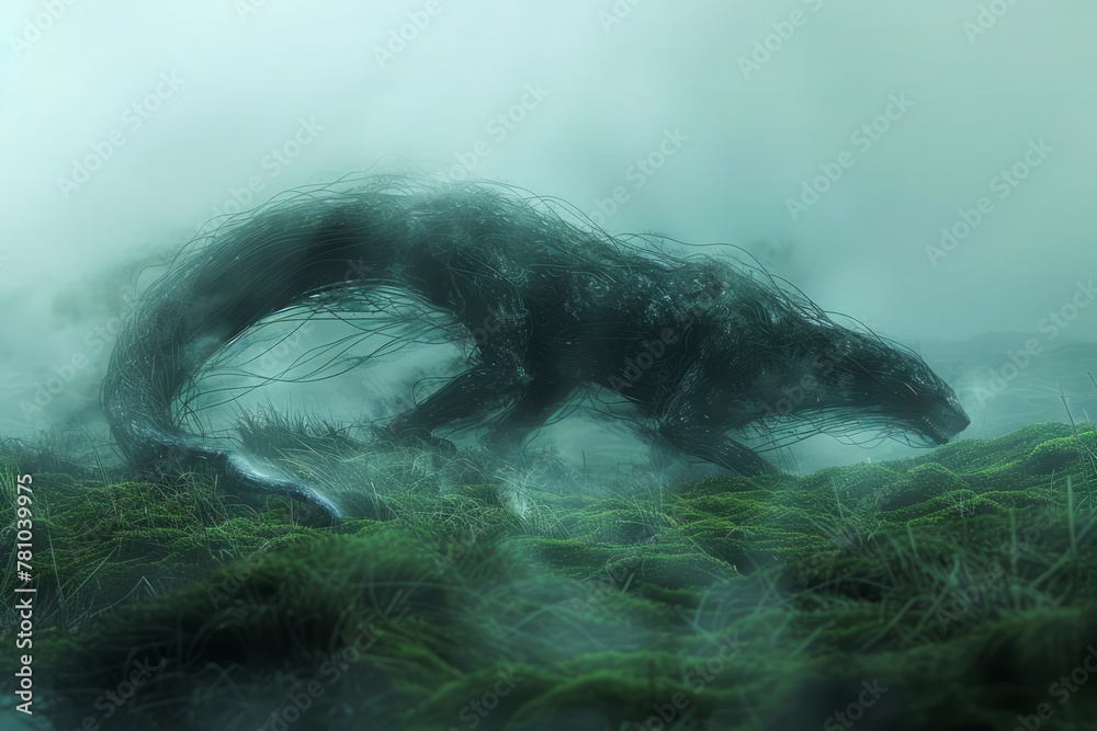 Obraz premium Mystical Fog Shrouded Animal Silhouette in Ethereal Forest Scene, Surreal Wildlife in Misty Habitat, Enigmatic Creature Veiled by Nature's Veil