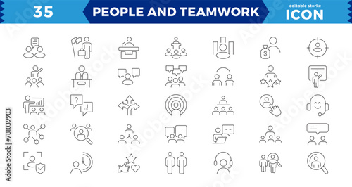 People and teamwork line icons set. Business teamwork, team building, work group and human resources, Business teamwork, human resources, meeting, partnership, meeting