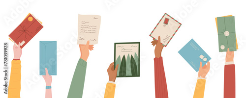 Cartoon hand holds mail, letter and postcard set, woman send handwritten envelope vector illustration, flat character hand receive craft postcard, paper handmade mail with stamp and address design