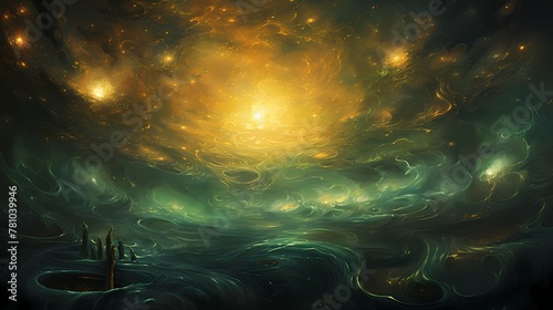 A cosmic ballet of emerald and saffron, swirling in celestial majesty."