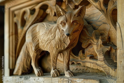 Elegant Wooden Fox Sculpture A Testament to Meticulous Craftsmanship and Proud Poised Stance AI Image
