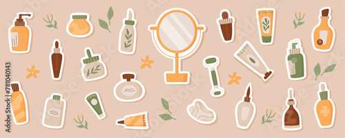 Flat beauty cosmetic product sticker pack collection, cartoon organic bottle patch set with green plants, trendy hair care lotion tube with mirror, colorful eco makeup shampoo jar and gua sha tools.