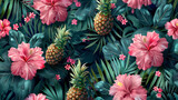 A tropical scene with pink flowers and green leaves