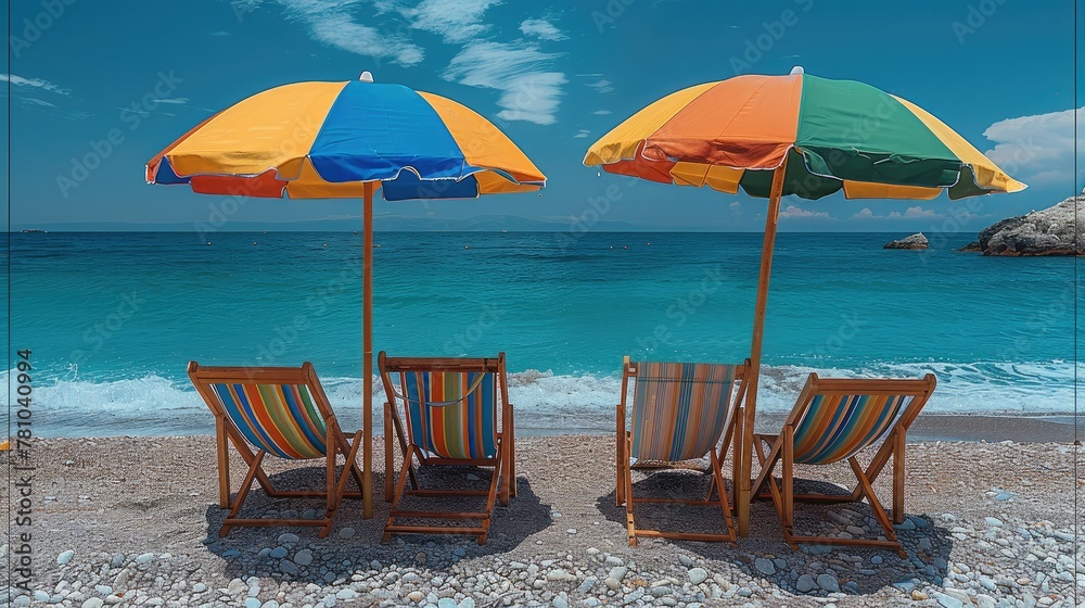 On a sandy beach against a beautiful blue sea, two empty seats stand under a multicolored rainbow umbrella. Generative AI.