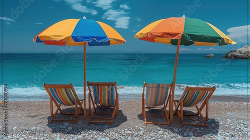 On a sandy beach against a beautiful blue sea  two empty seats stand under a multicolored rainbow umbrella. Generative AI.