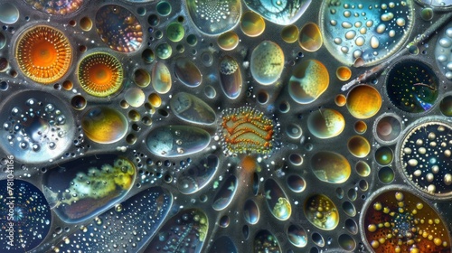 A magnified image of a diatom colony where the different species can be seen coexisting and occupying distinct territories within photo