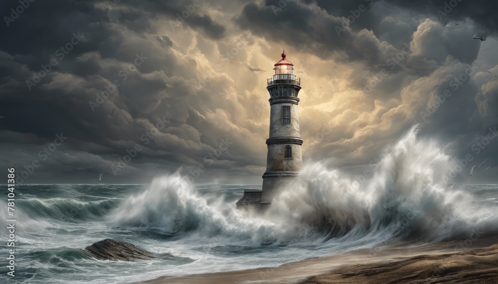 A lighthouse is shown in the midst of a stormy sea. The waves are crashing against the rocks and the lighthouse is being battered by the force of the water. Scene is one of danger and chaos
