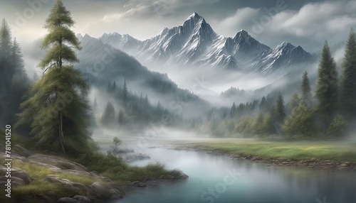 A mountain range with a river running through it. The sky is cloudy and the mountains are covered in snow. The painting has a peaceful and serene mood © Павел Кишиков